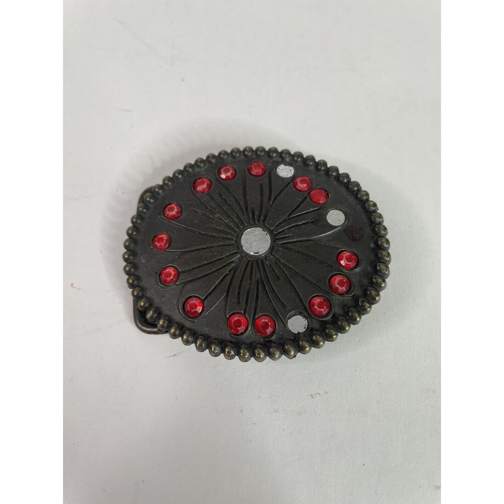 Vintage Brass Belt Buckle, Red Studs, Oval, 2.5”